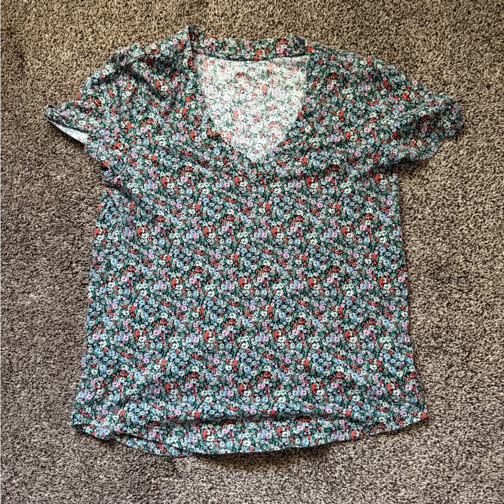 LOFT Multicolor Floral V-Neck Short Sleeve Top